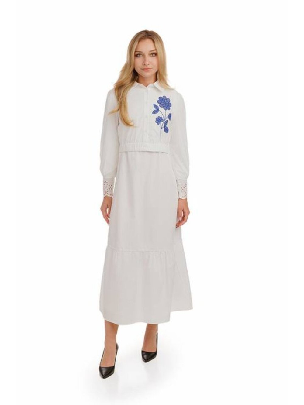 NEW LA/SIMONA Women’s Layered Embroidered Cotton Midi Dress Size XS White